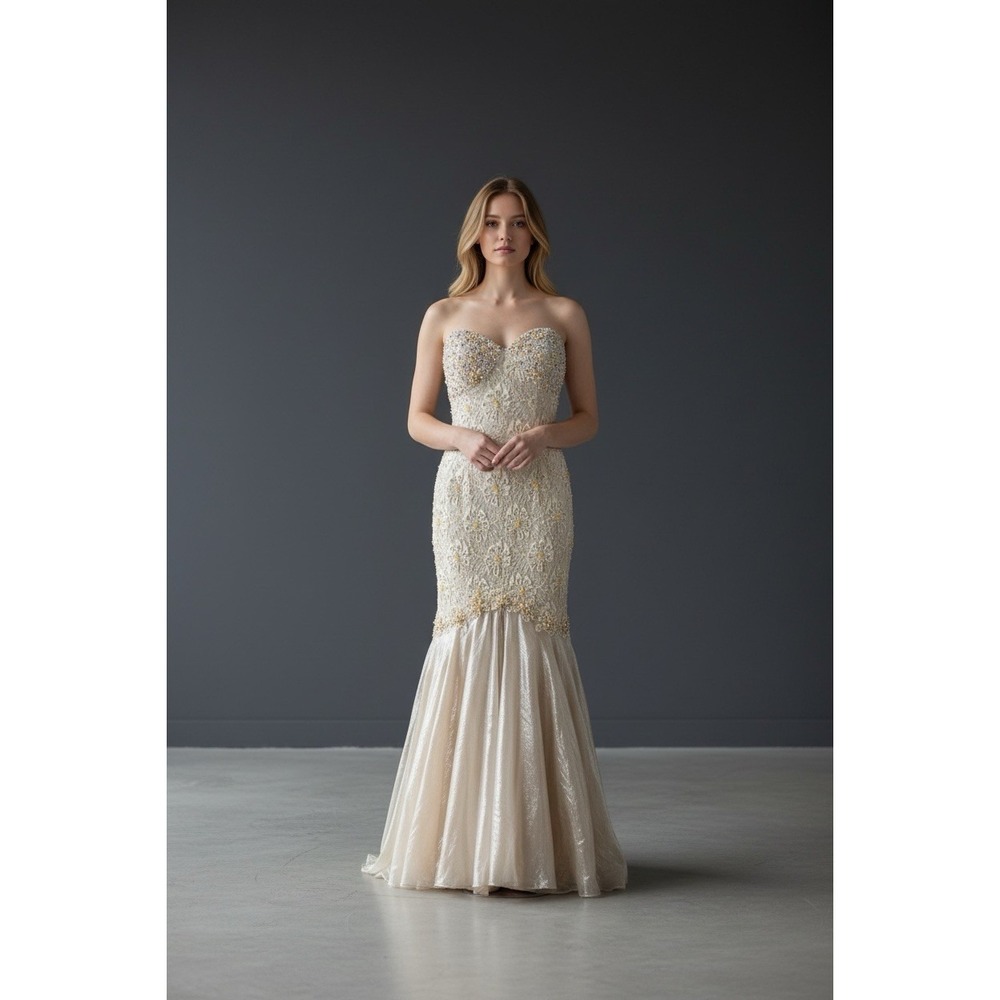 Mac‎ Duggal Couture Beaded Strapless Gown Womens 4 Champagne Lace Mermaid Formal